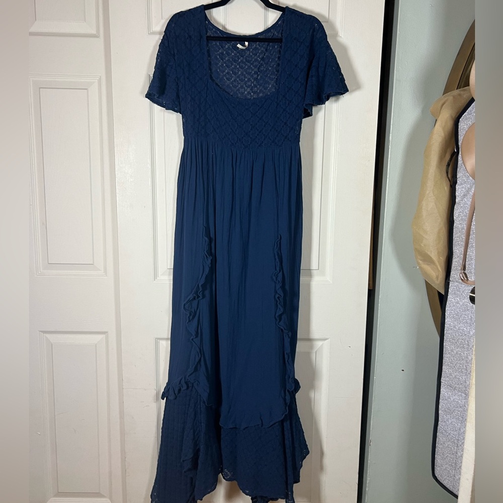 Free People Bring the Romance Navy Maxi Dress, Ruffle Trim, lace bust and hem - Picture 4 of 10